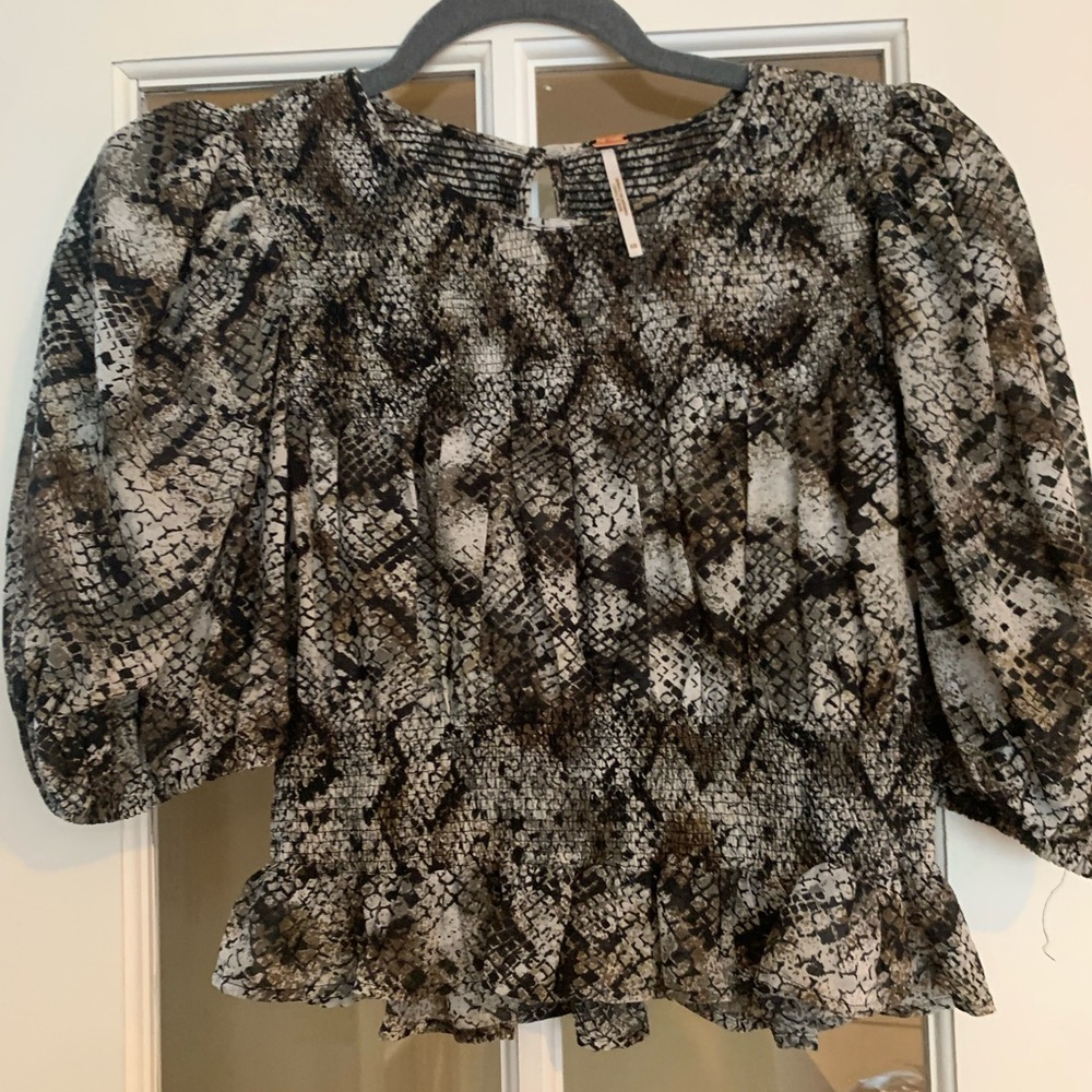 Free People Snakeskin Puff Sleeve Top